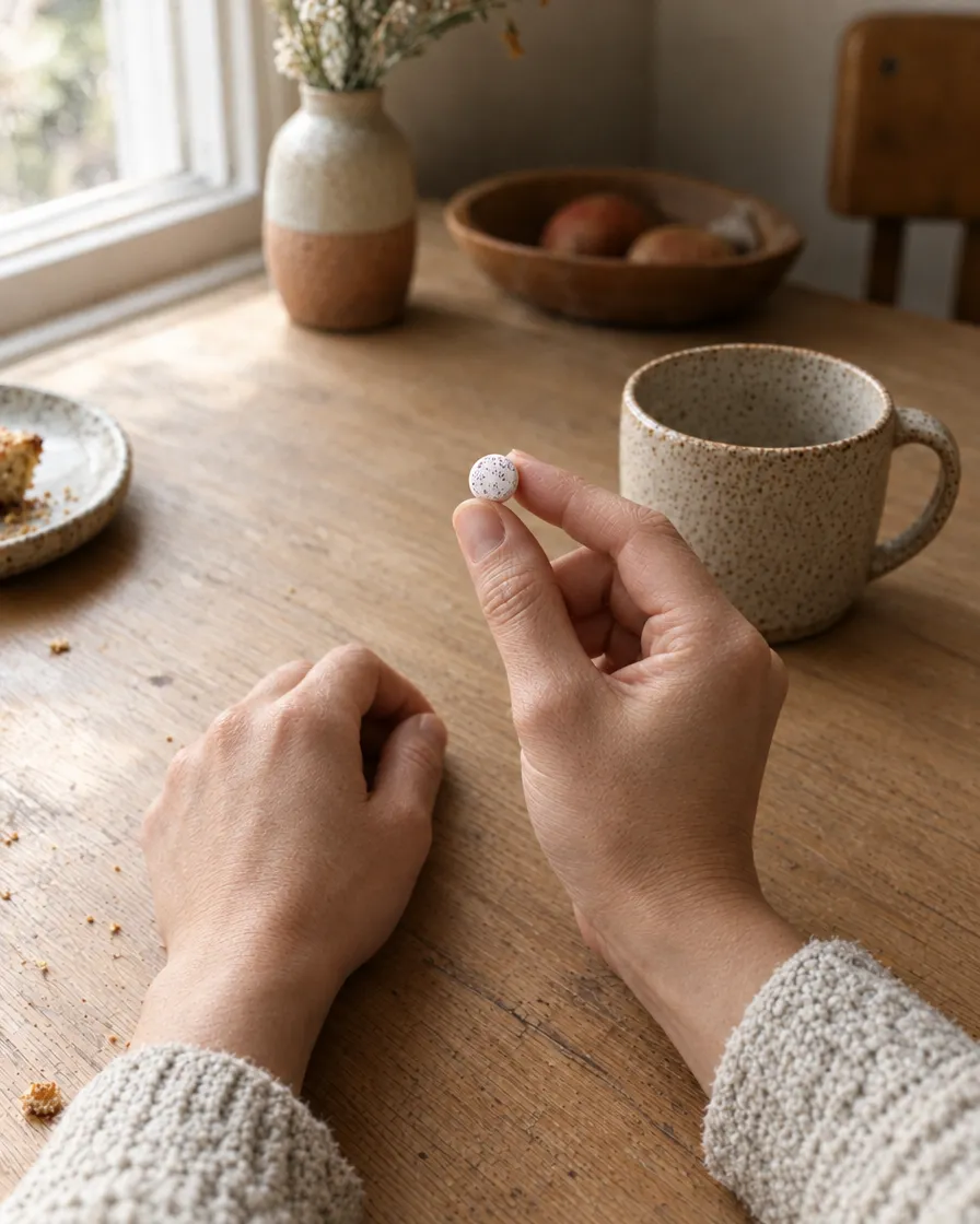 Hands holding a lozenge next to a morning cup of coffee